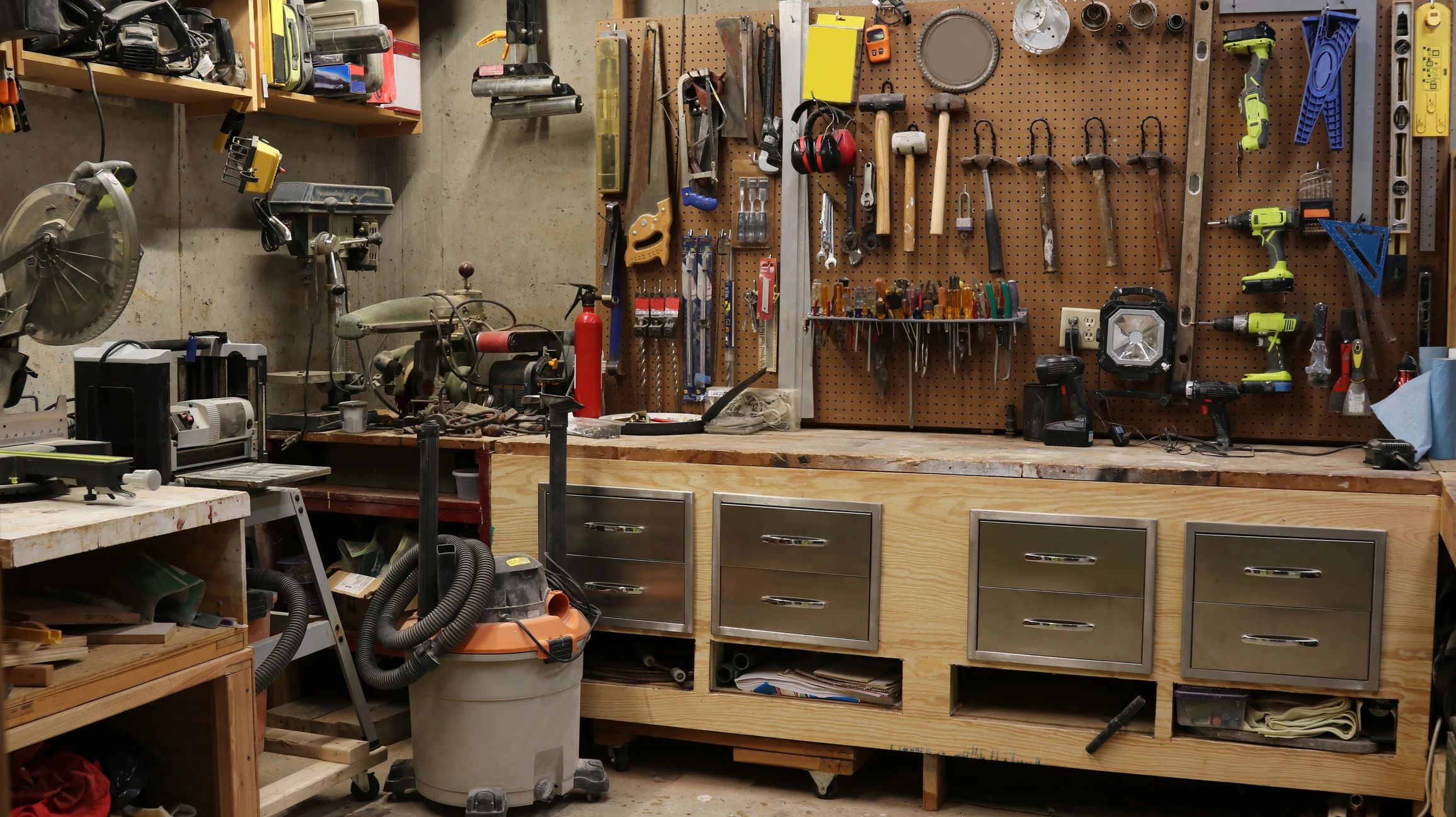 Garage workshop with tools and restoration workspace